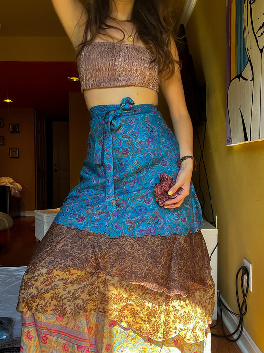 sari wrap skirt #7 - blue & brown