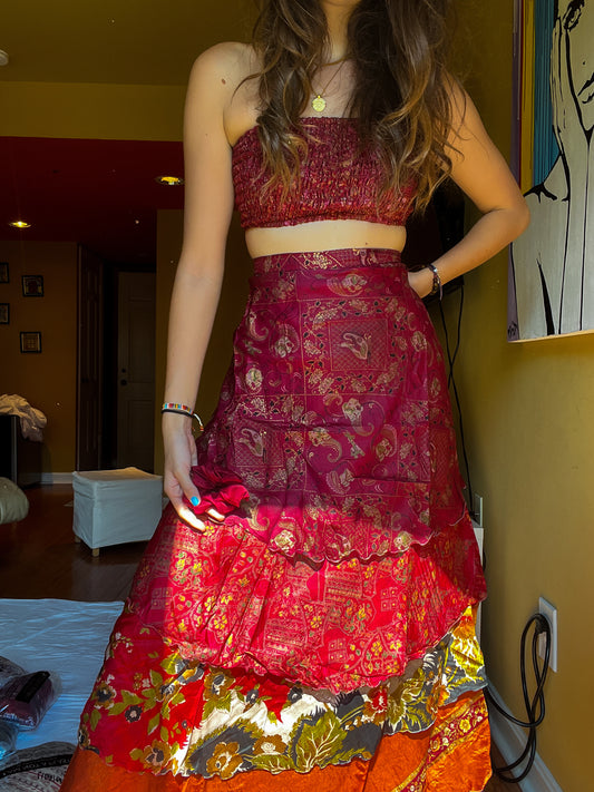 sari wrap skirt #14- red & orange