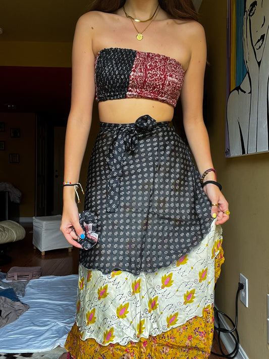 sari wrap skirt #19- black, red, gold