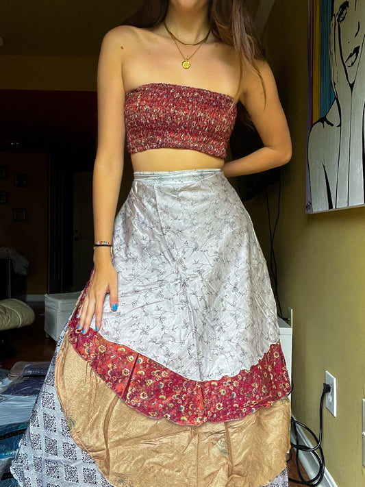 sari wrap skirt #22- brown, white , beige