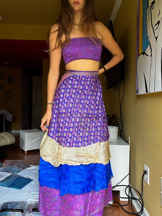 sari wrap skirt #23- purple, white, blue