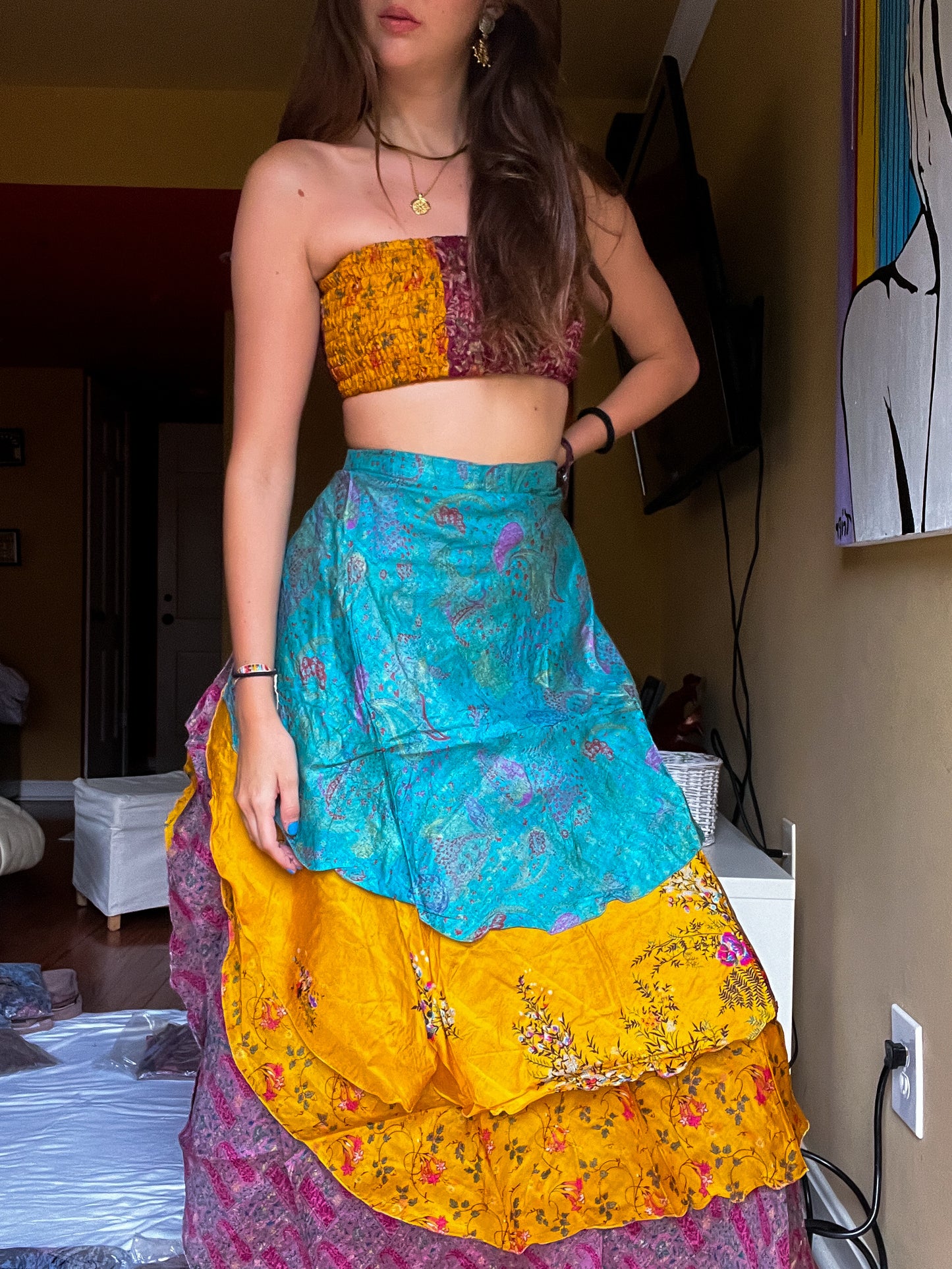 sari wrap skirt #26- blue, orange, pink