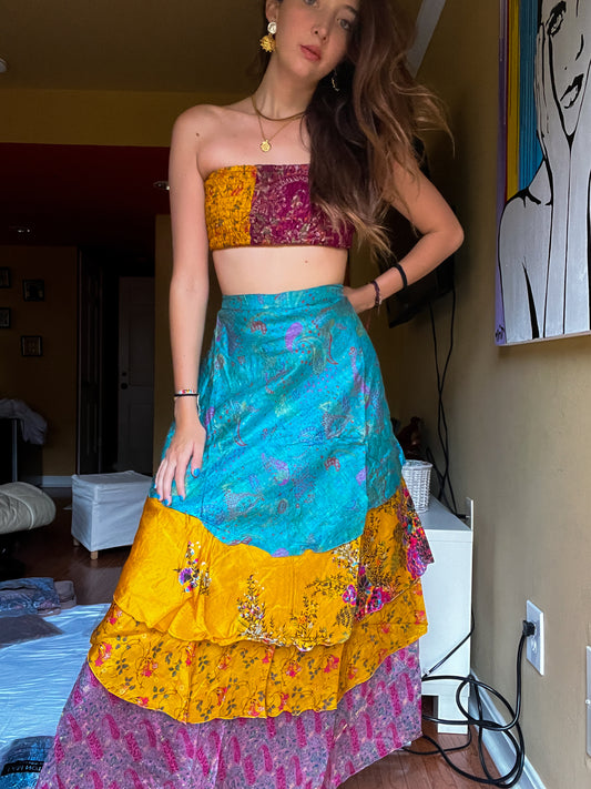 sari wrap skirt #26- blue, orange, pink