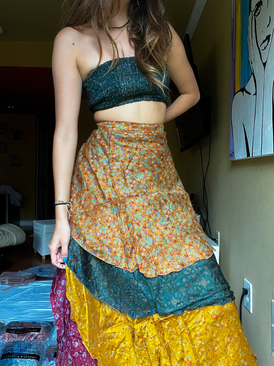sari wrap skirt #28- green, red, gold