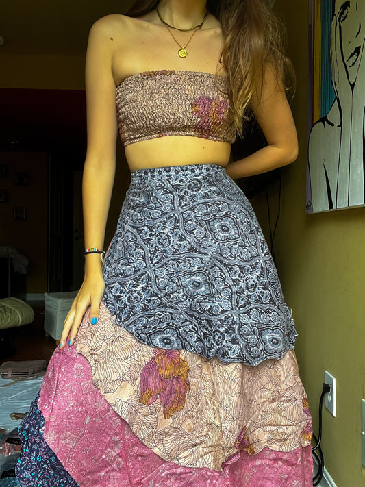 sari wrap skirt #29- pink, brown, blue