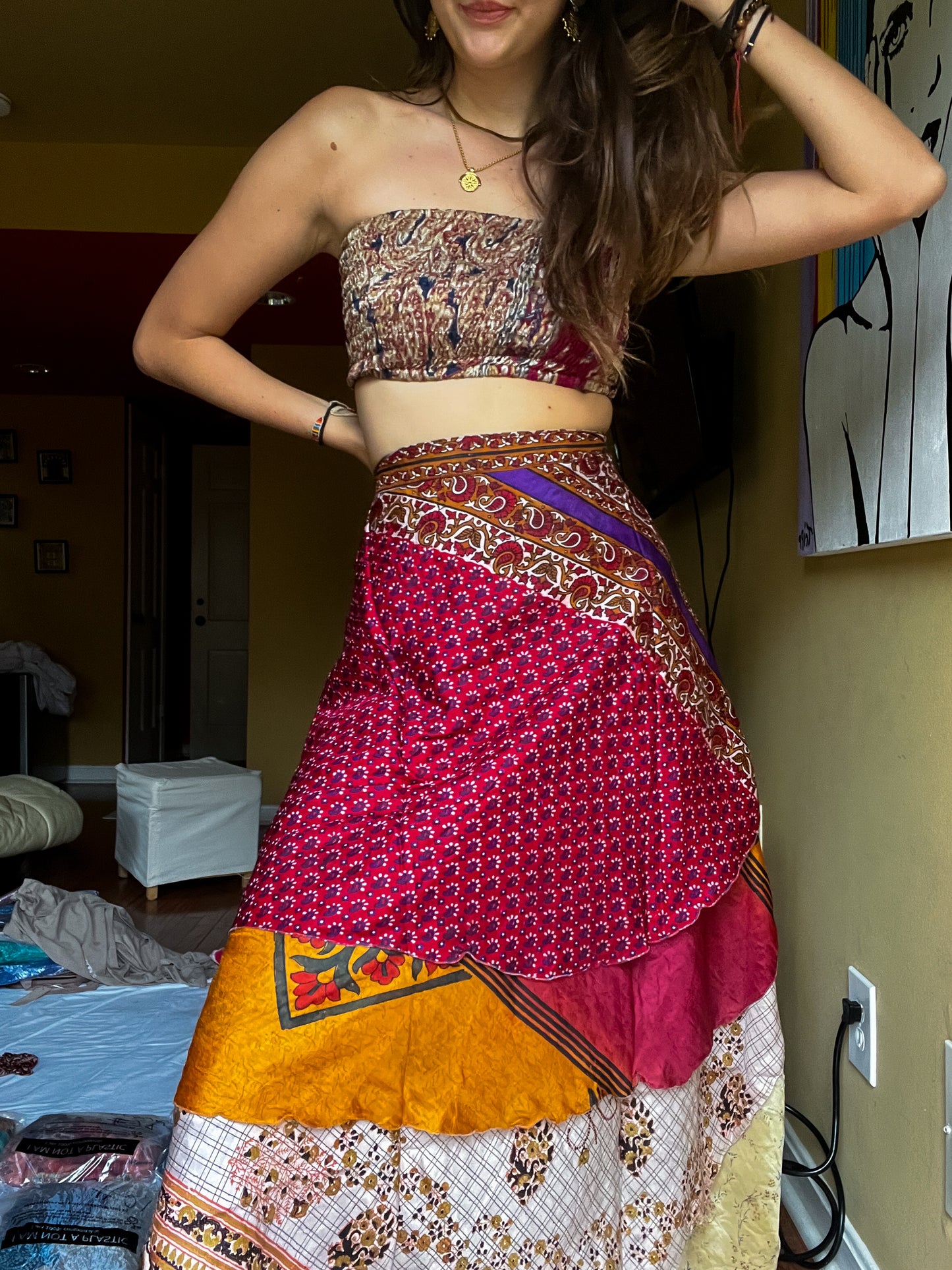sari wrap skirt #30- red, yellow, white
