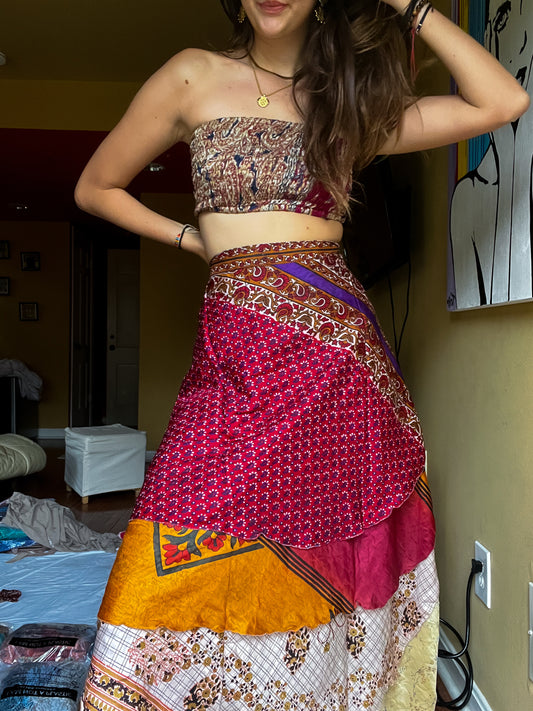 sari wrap skirt #30- red, yellow, white