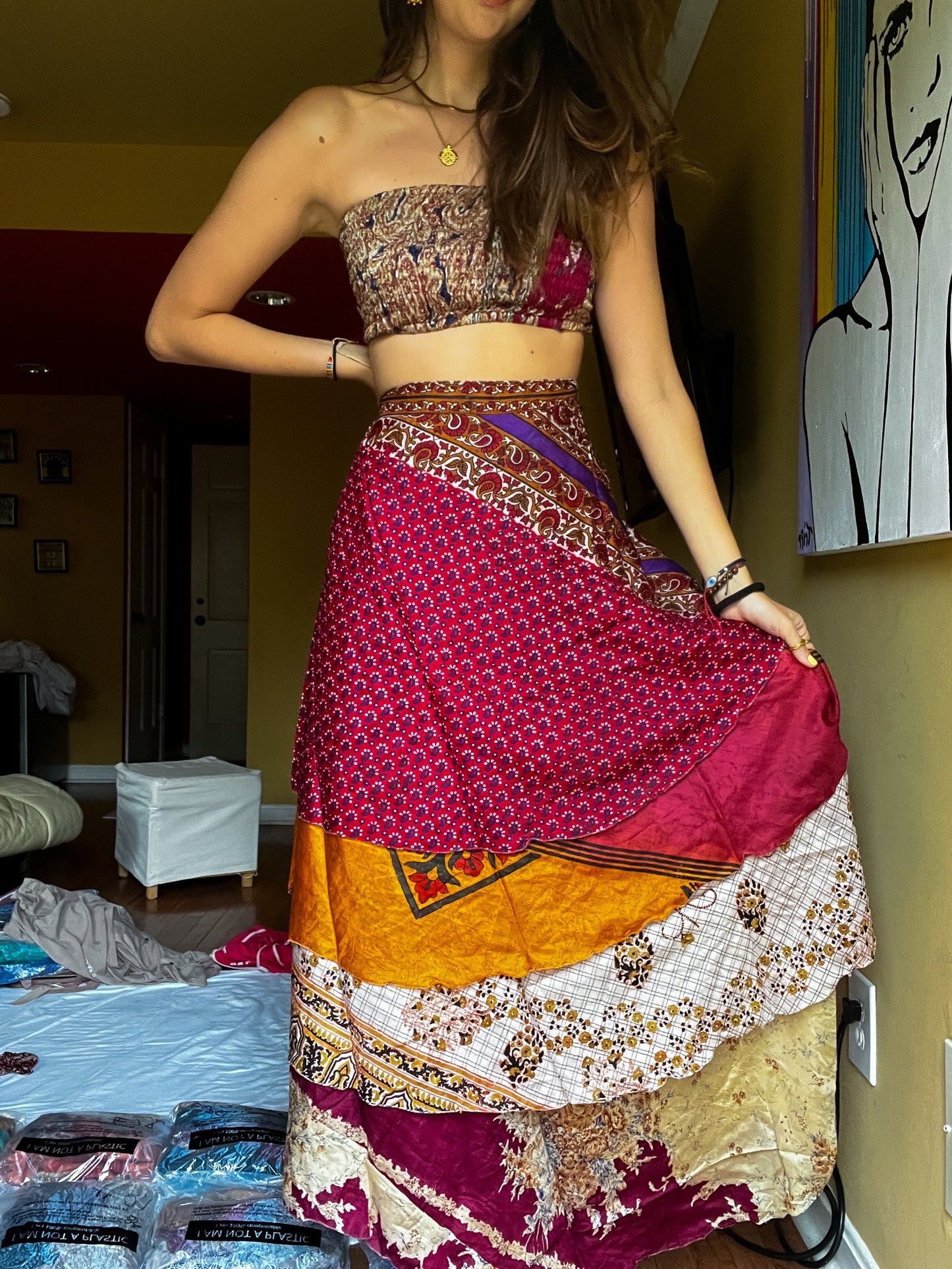 sari wrap skirt #30- red, yellow, white