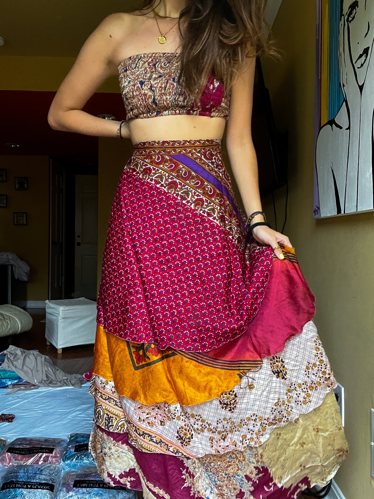 sari wrap skirt #30- red, yellow, white
