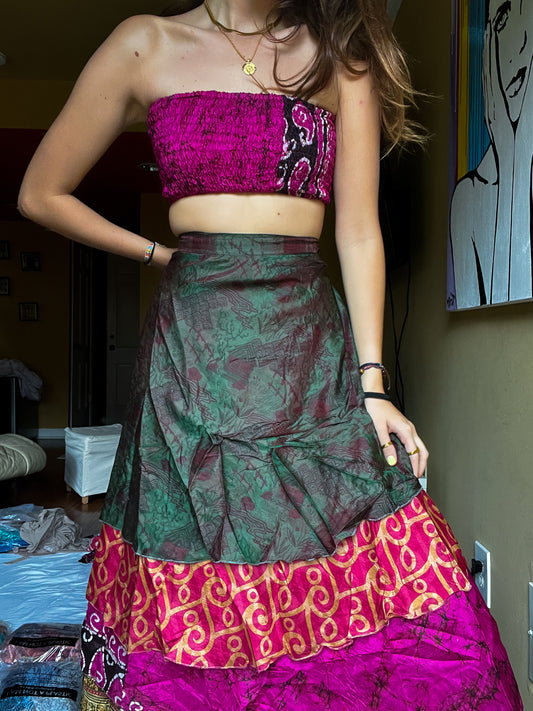 sari wrap skirt #32- dark green, pink