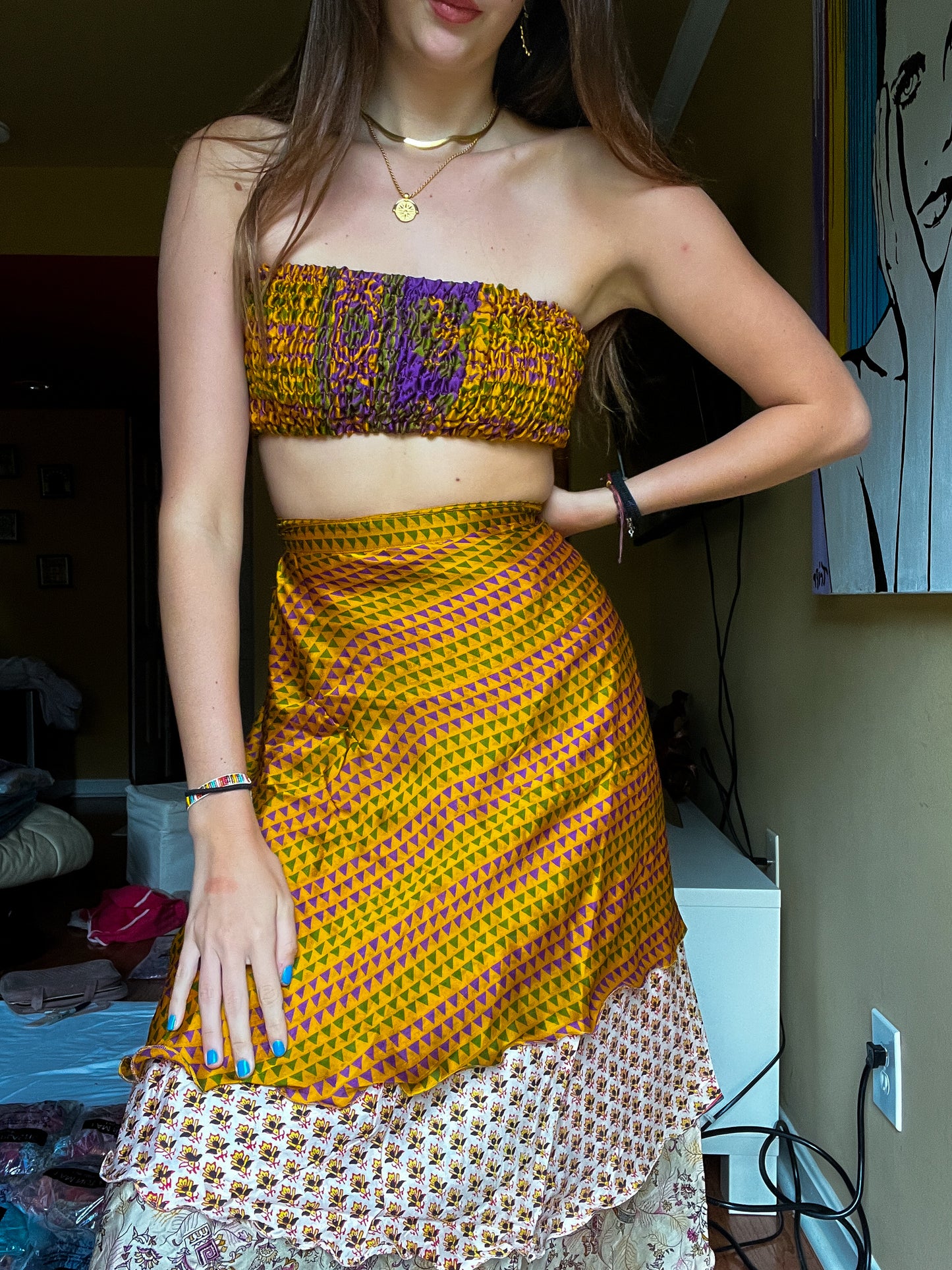 sari wrap skirt #36- gold, beige, blue