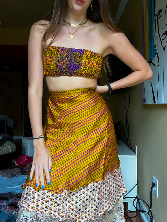 sari wrap skirt #36- gold, beige, blue