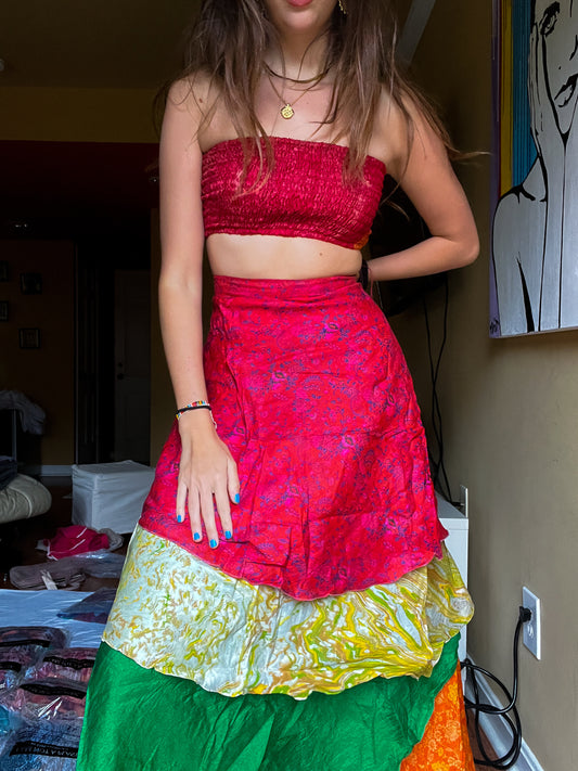 sari wrap skirt #39- red, green, orange
