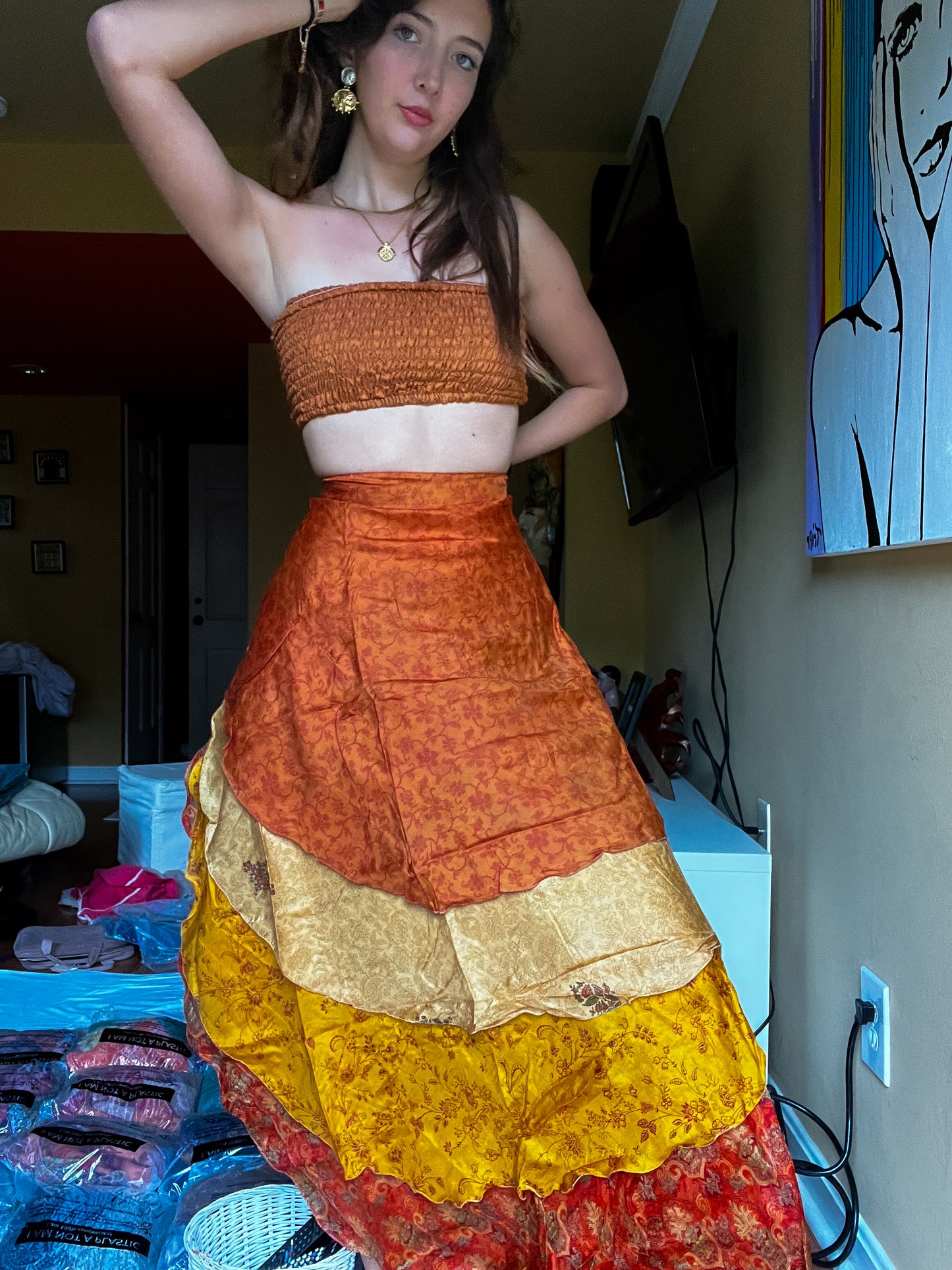 sari wrap skirt #41- brown, gold