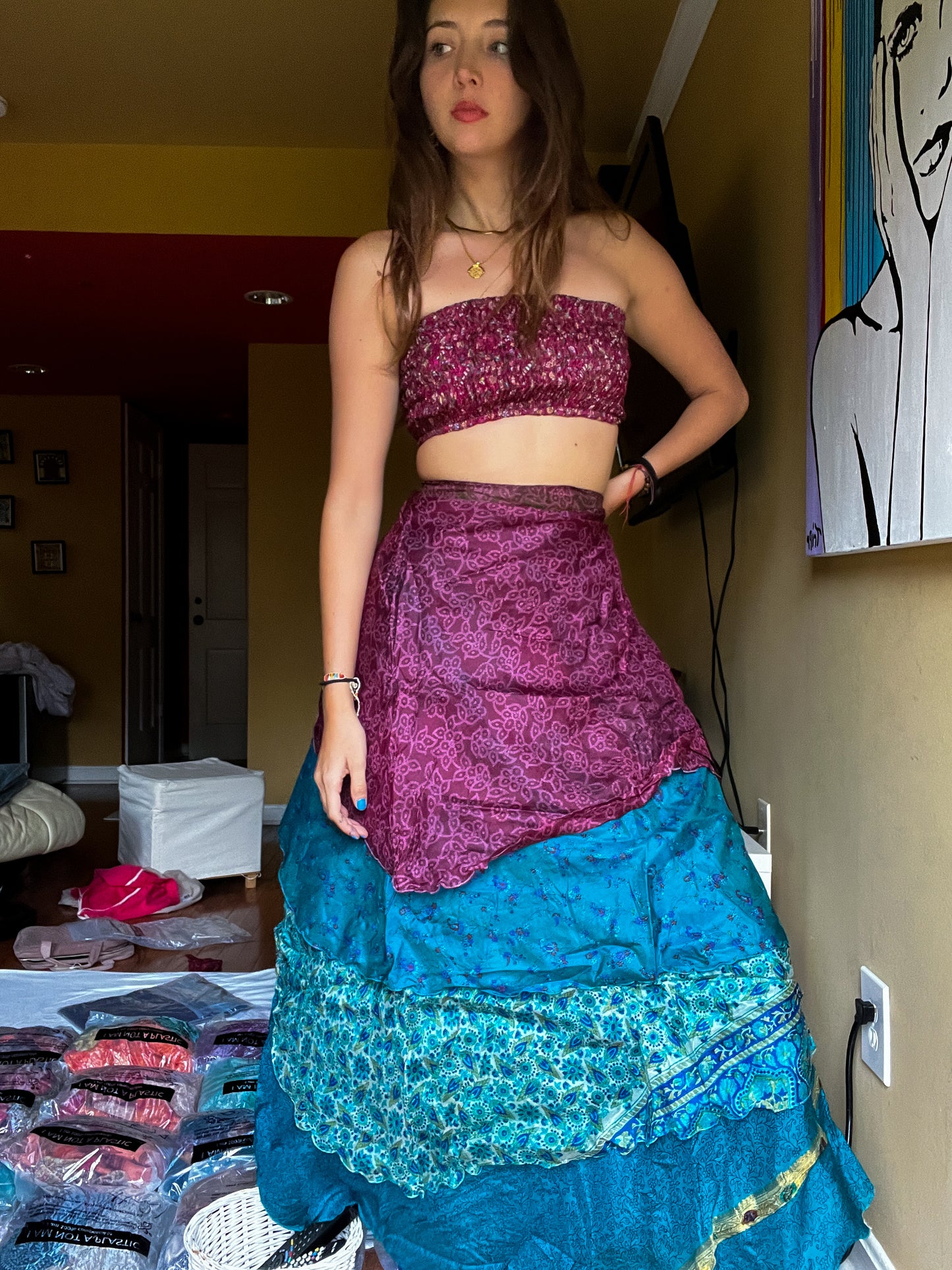 sari wrap skirt #42- purple, blue