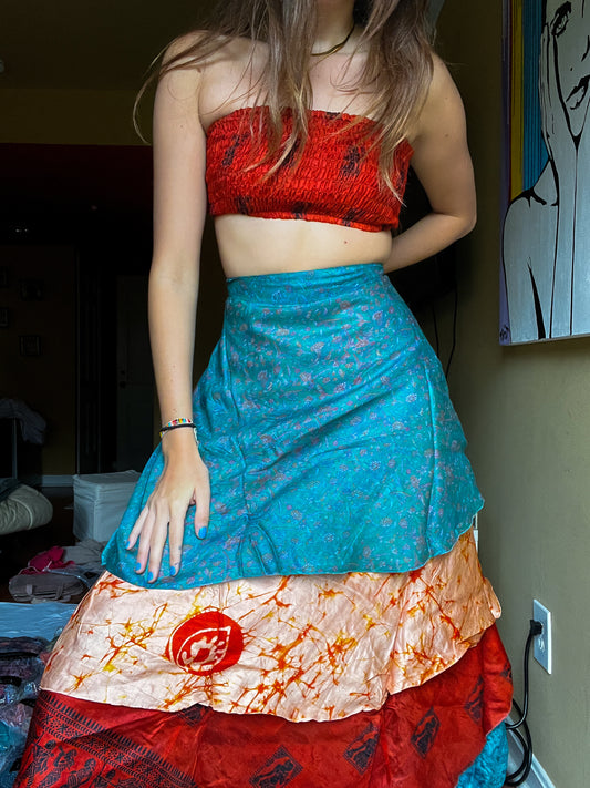 sari wrap skirt #43- blue, orange, beige