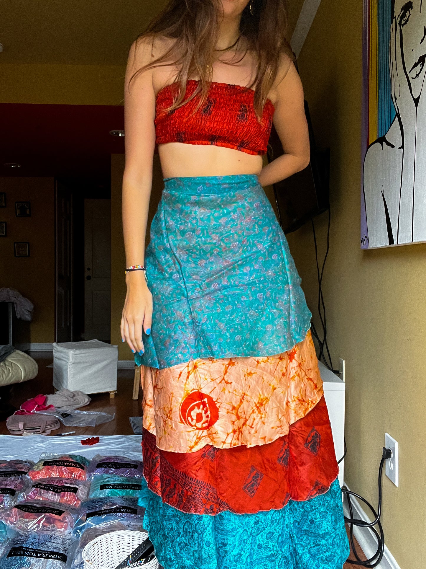 sari wrap skirt #43- blue, orange, beige
