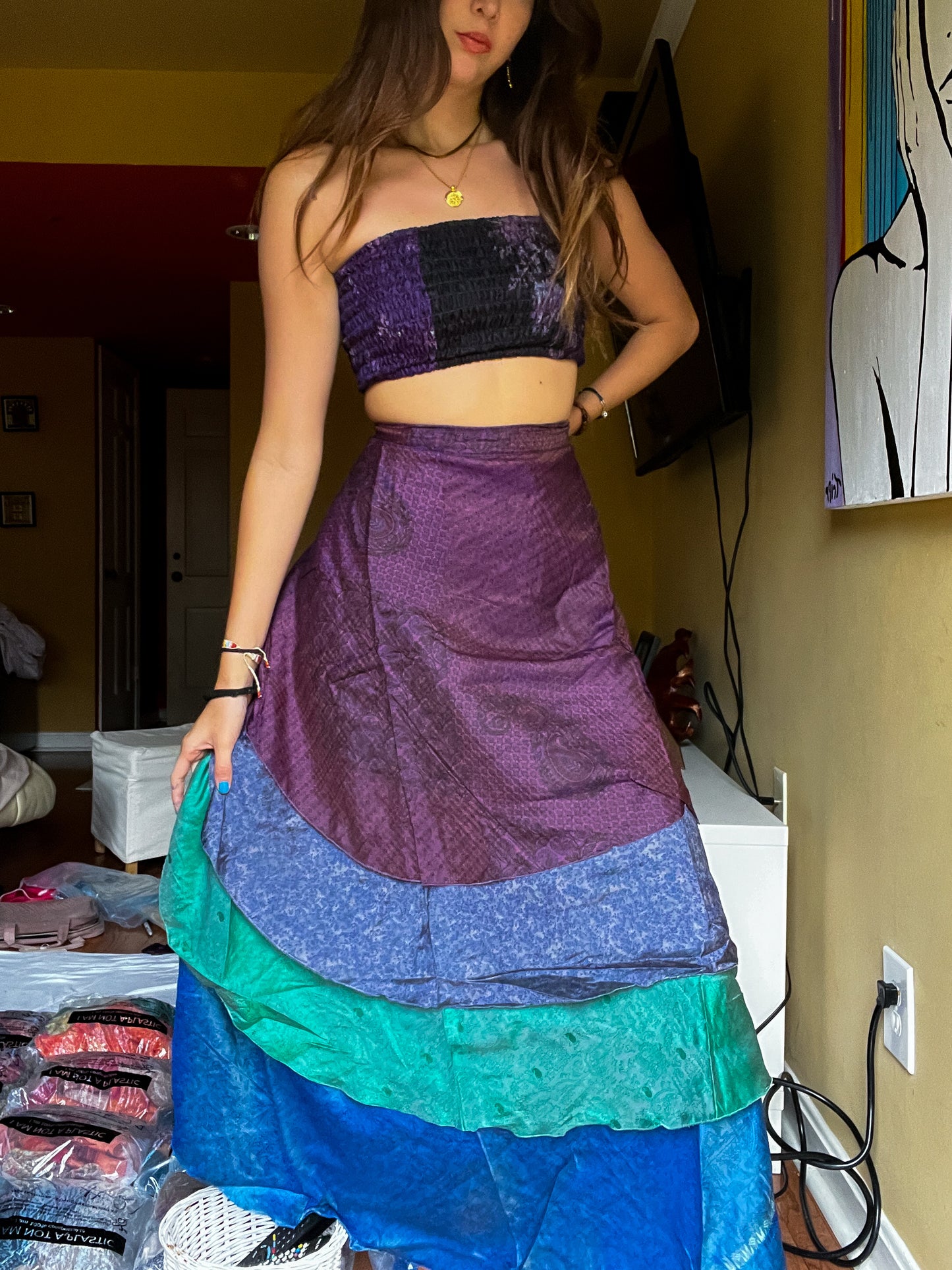 sari wrap skirt #44- purple, blue, aquamarine