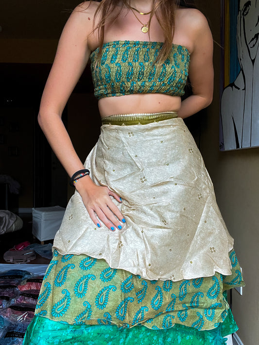 sari wrap skirt #45- green white