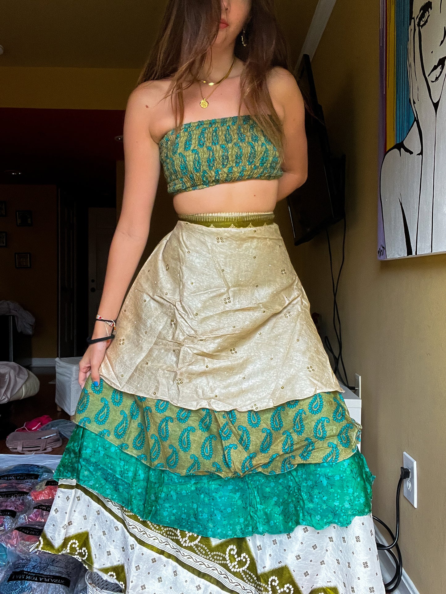 sari wrap skirt #45- green white