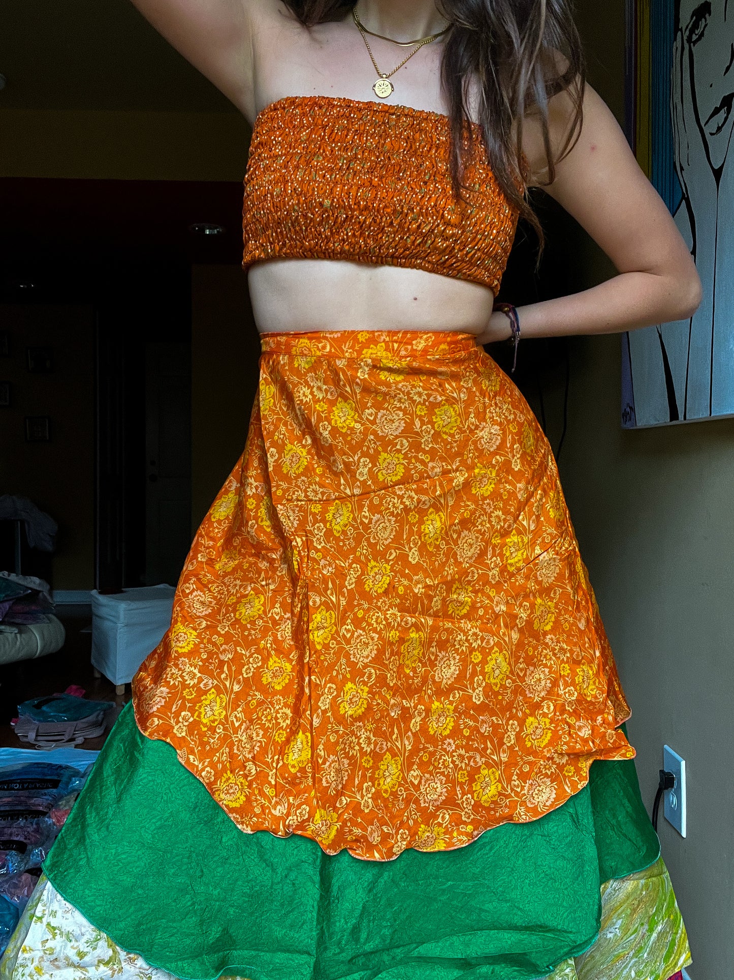sari wrap skirt #47- orange, green, red