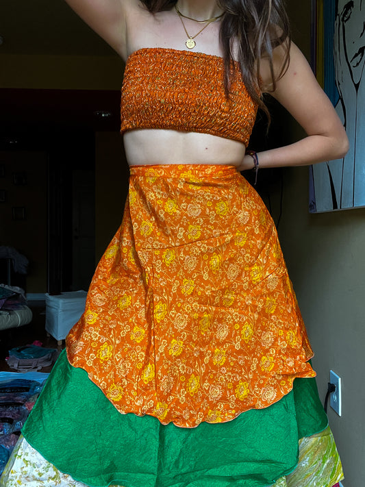 sari wrap skirt #47- orange, green, red