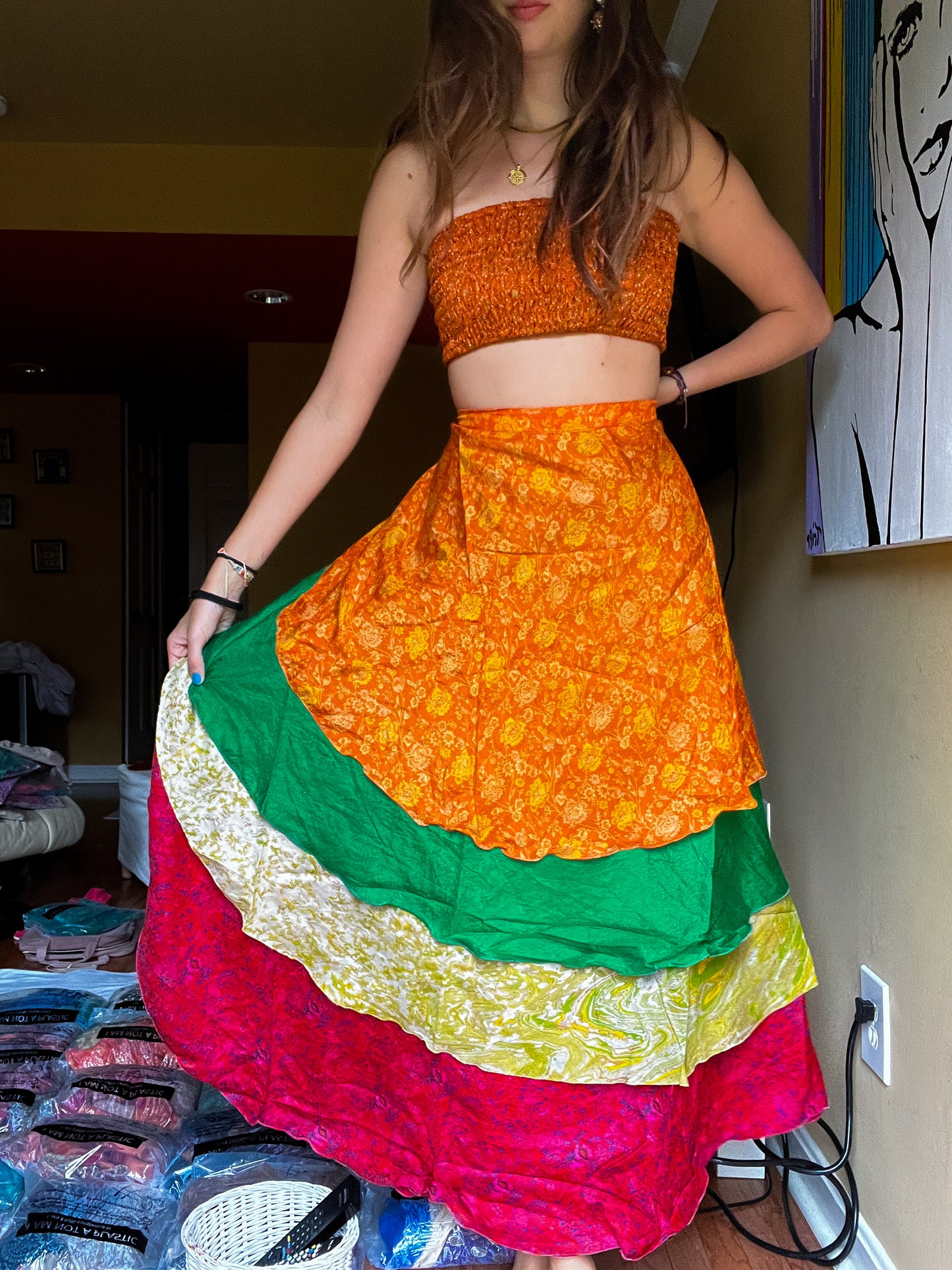 sari wrap skirt #47- orange, green, red
