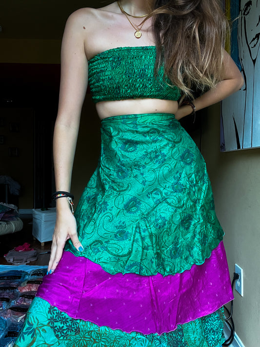 sari wrap skirt #48- green, purple, blue