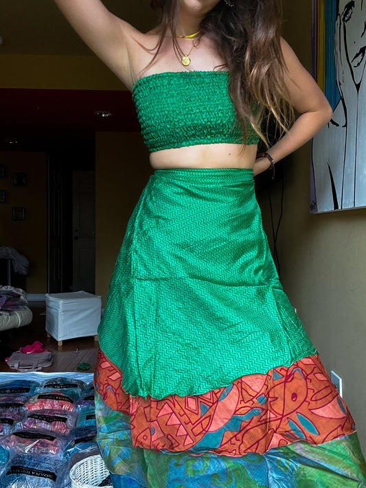 sari wrap skirt #49- green, orange blue