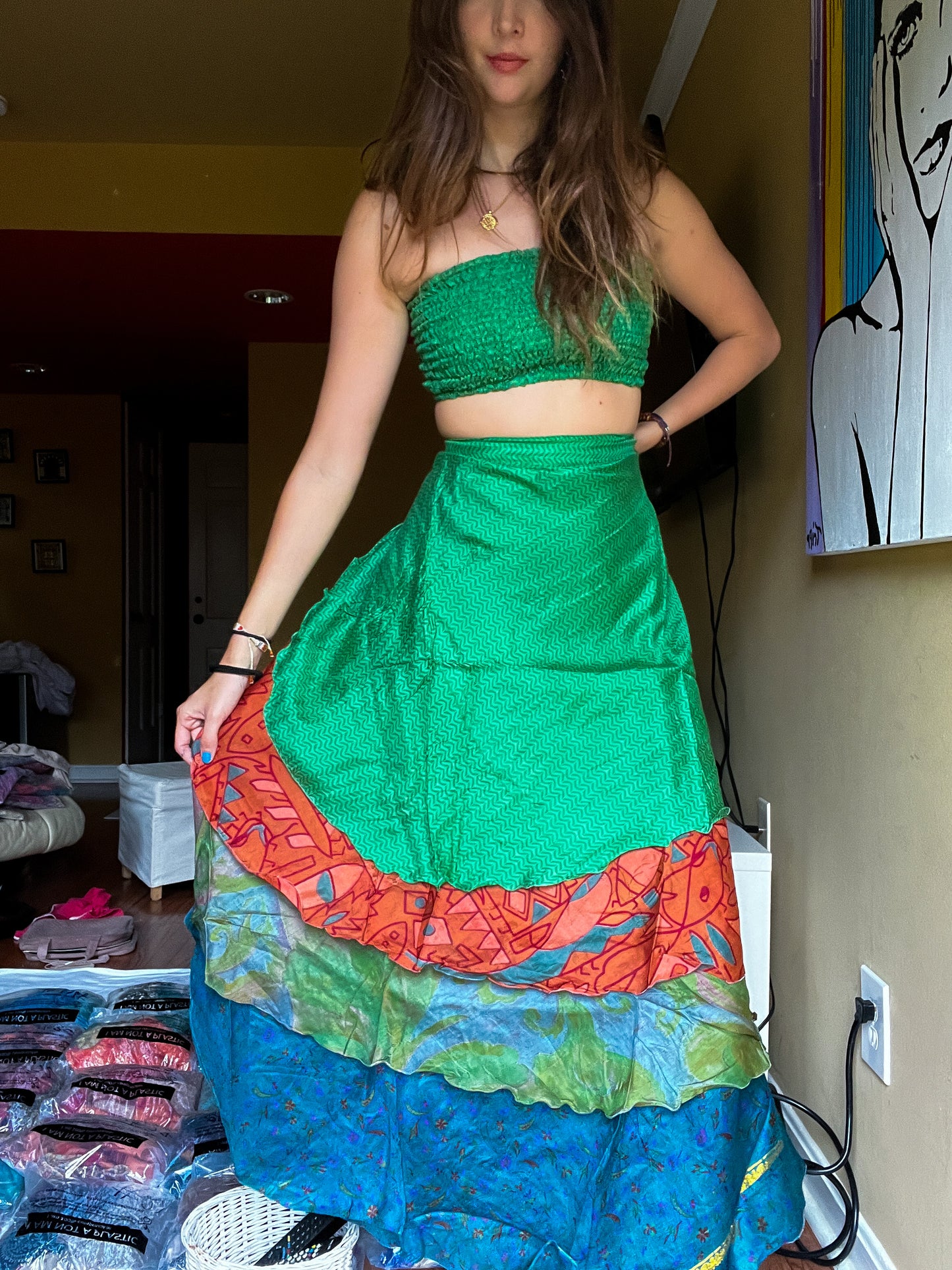 sari wrap skirt #49- green, orange blue