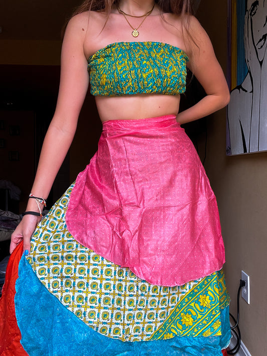 sari wrap skirt #50- pastel pink, green, blue, red
