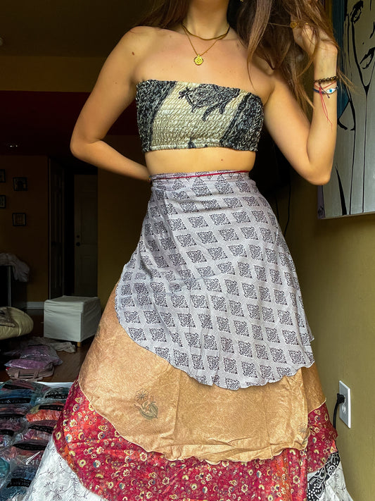 sari wrap skirt #51- white, grey, brown, red