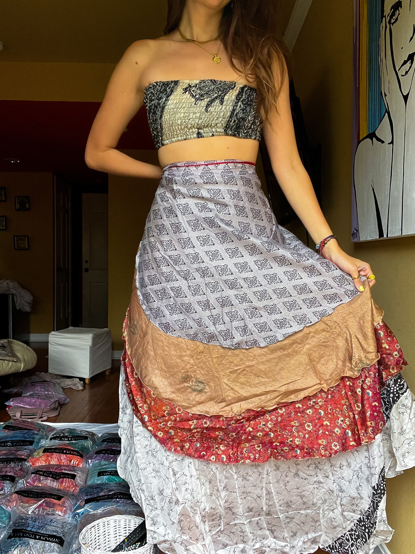 sari wrap skirt #51- white, grey, brown, red