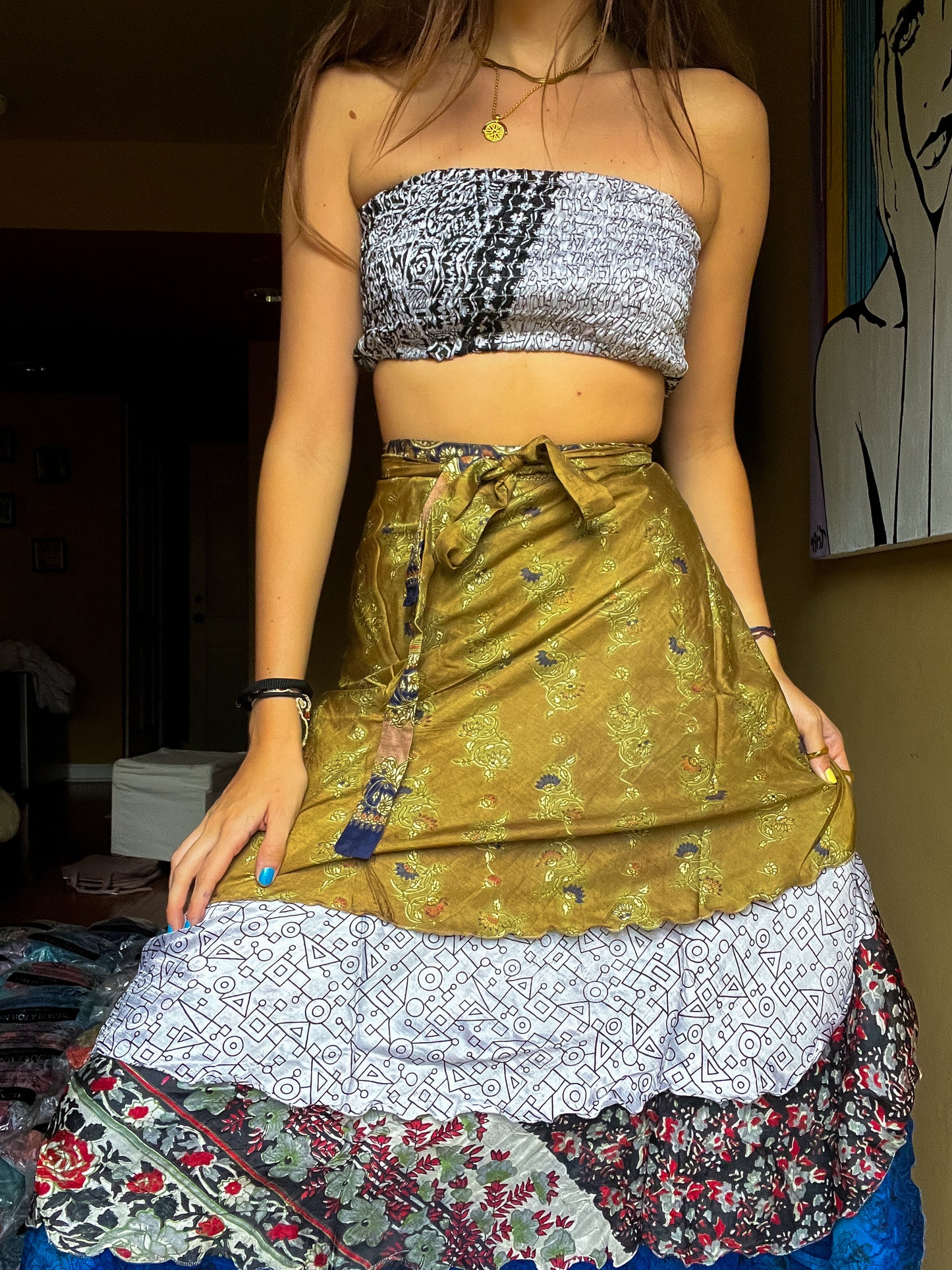 sari wrap skirt #64- white, green, blue BEAUTYYYYY