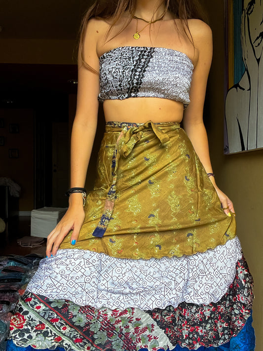 sari wrap skirt #64- white, green, blue BEAUTYYYYY