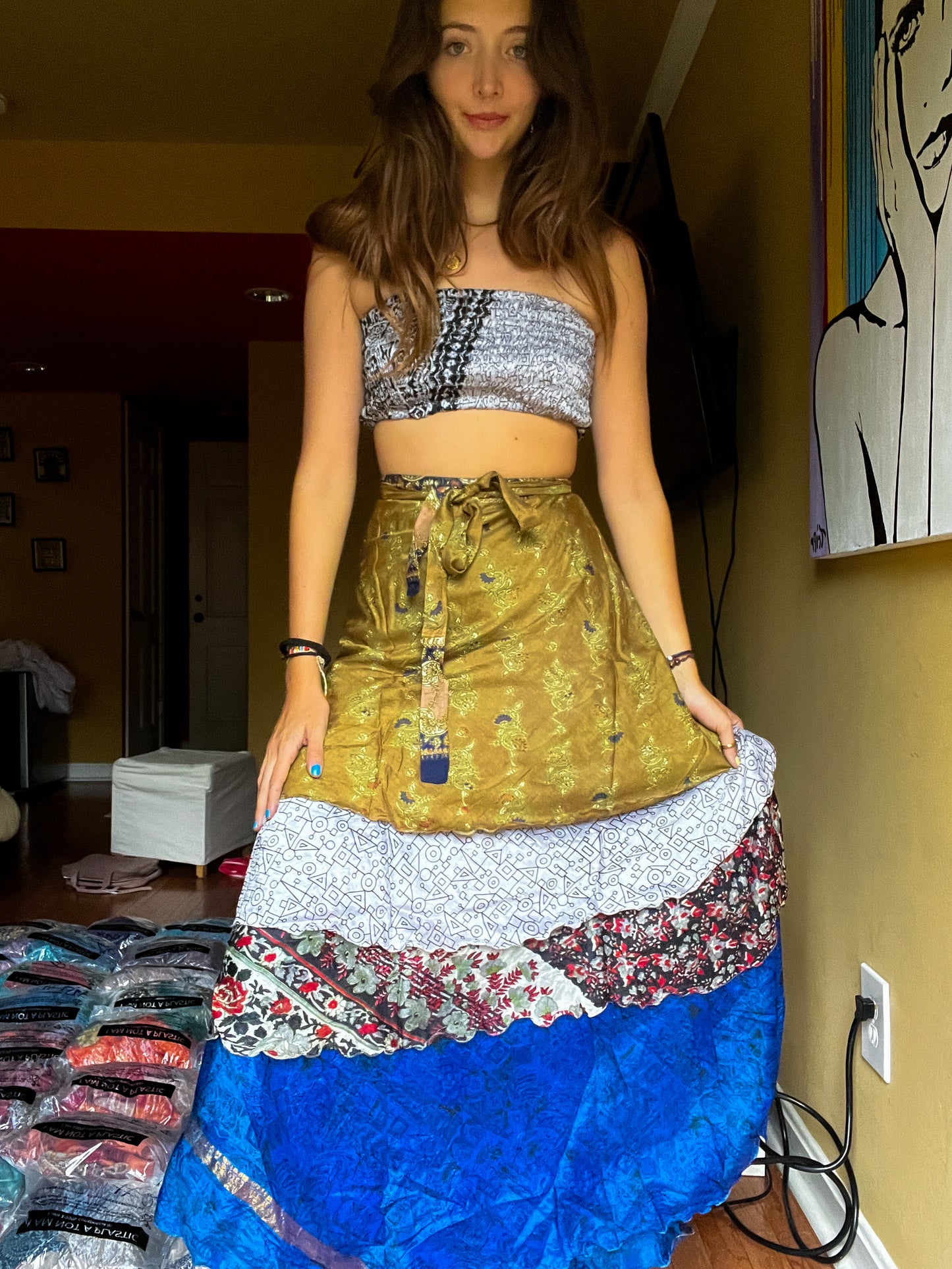 sari wrap skirt #64- white, green, blue BEAUTYYYYY