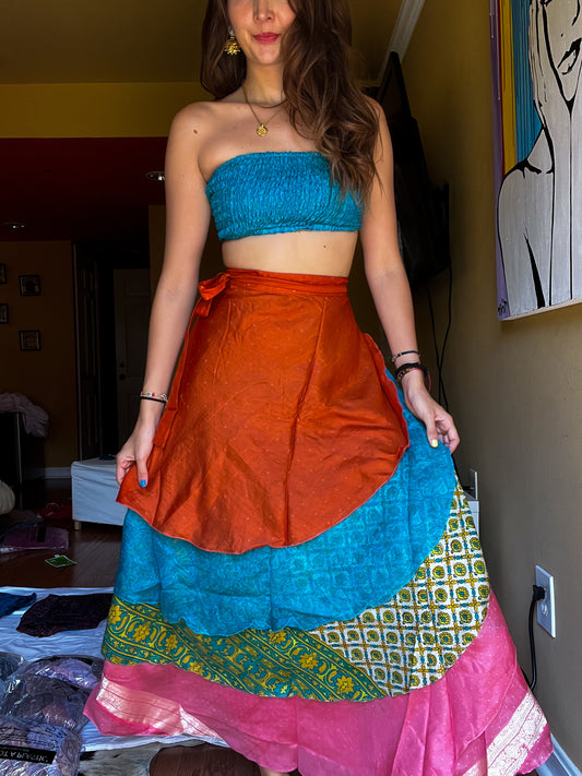 sari wrap skirt #68- orange, blue, pink