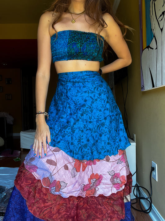 sari wrap skirt #70- Blue, orange, purple