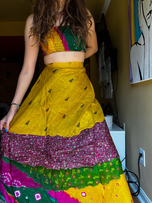 sari wrap skirt #73- Green, pink, yellow