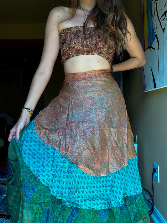 sari wrap skirt #77- brown, green