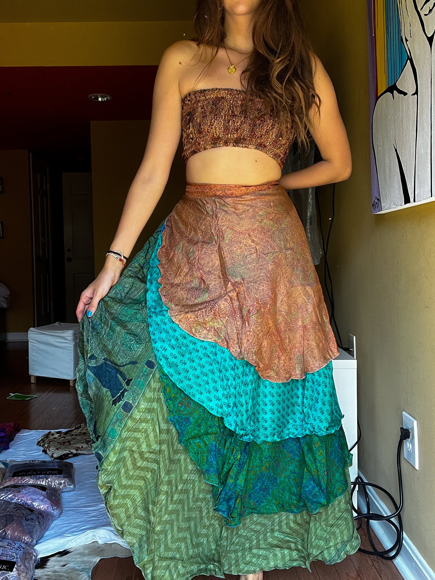 sari wrap skirt #77- brown, green