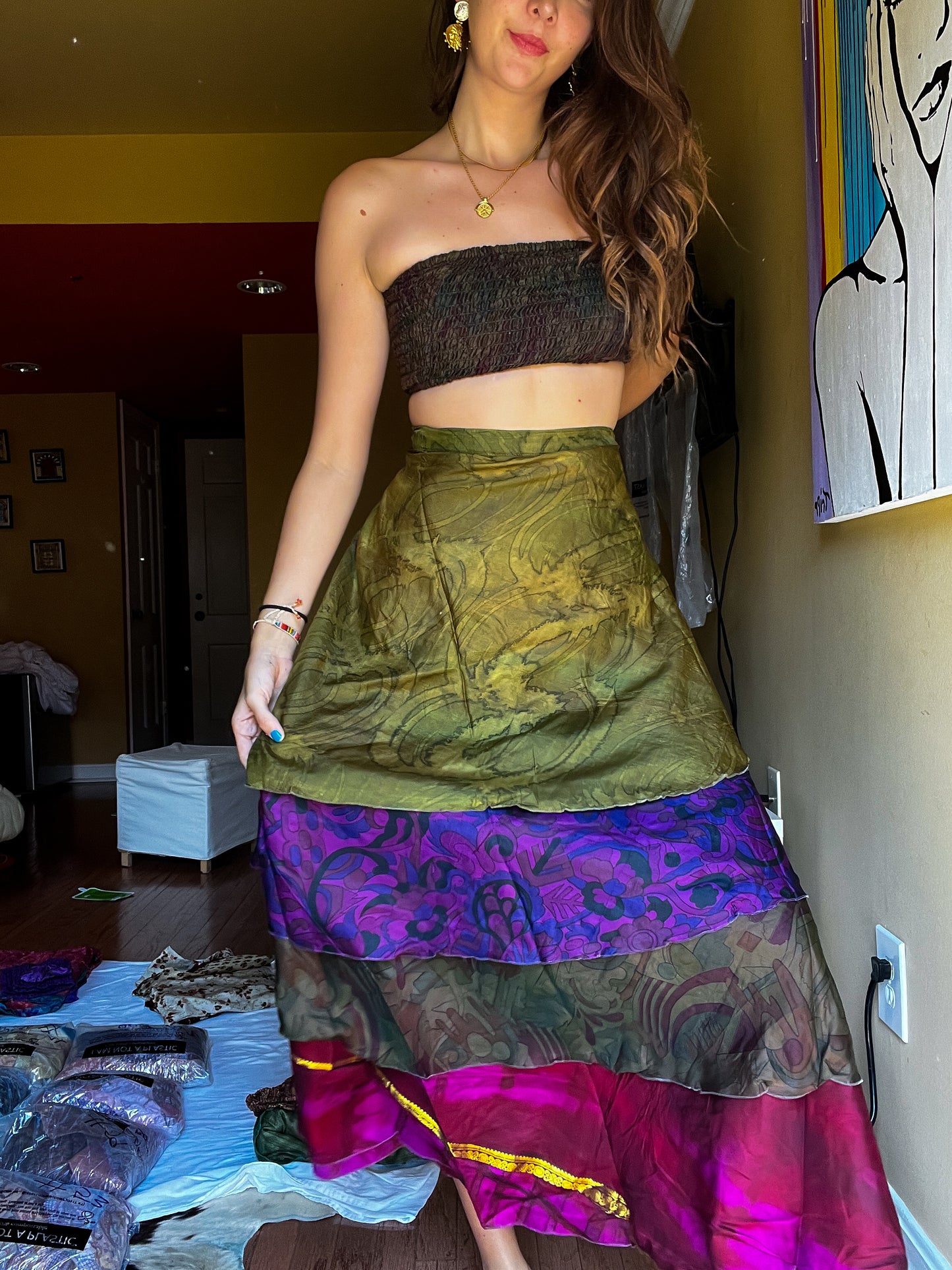 sari wrap skirt #78- dark green, purple