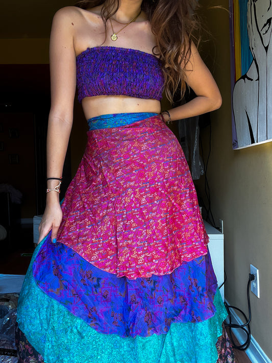 sari wrap skirt #81- pink, purple, green