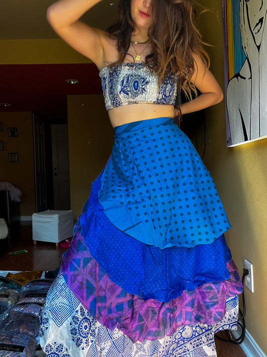 sari wrap skirt #82- blue, white