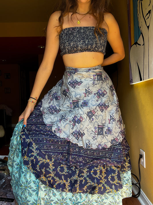 sari wrap skirt #83- grey, blue