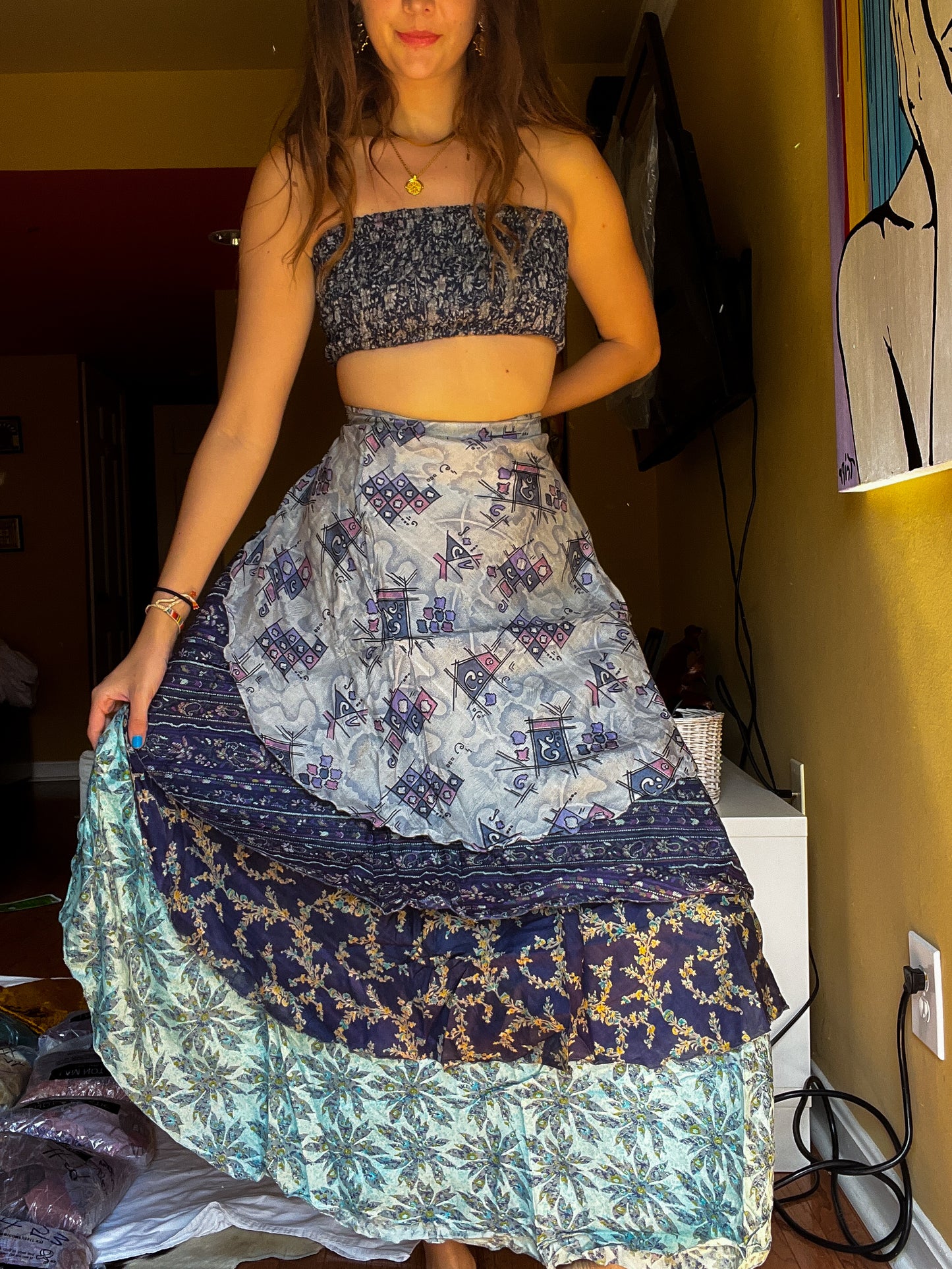 sari wrap skirt #83- grey, blue