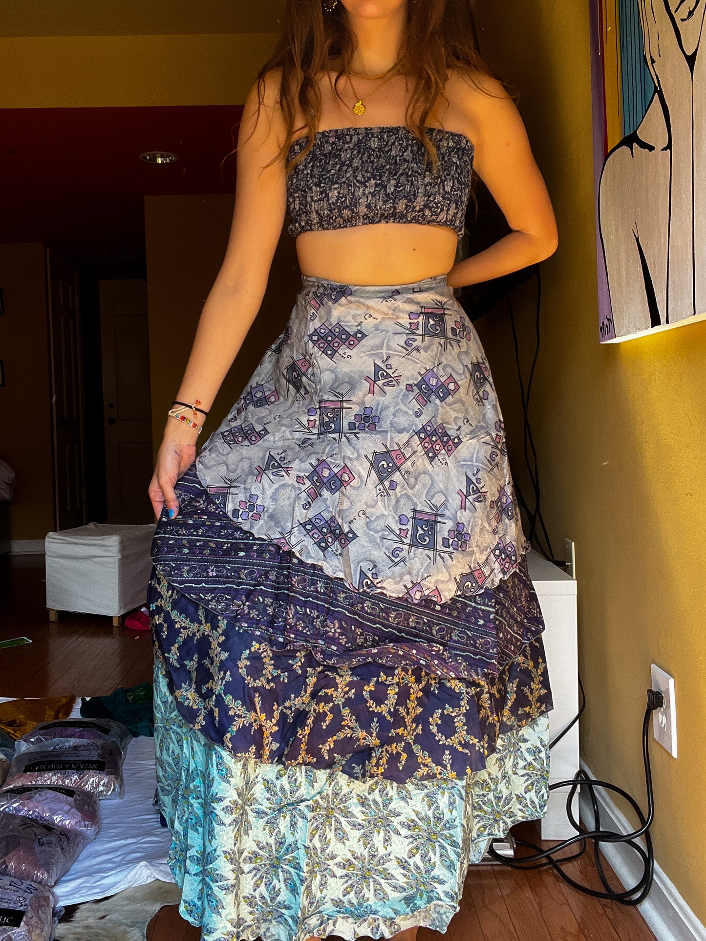 sari wrap skirt #83- grey, blue