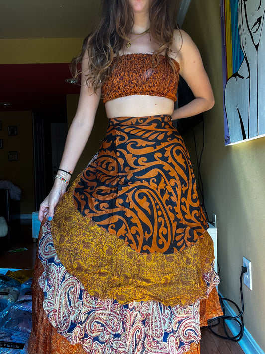 sari wrap skirt #84- orange, brown