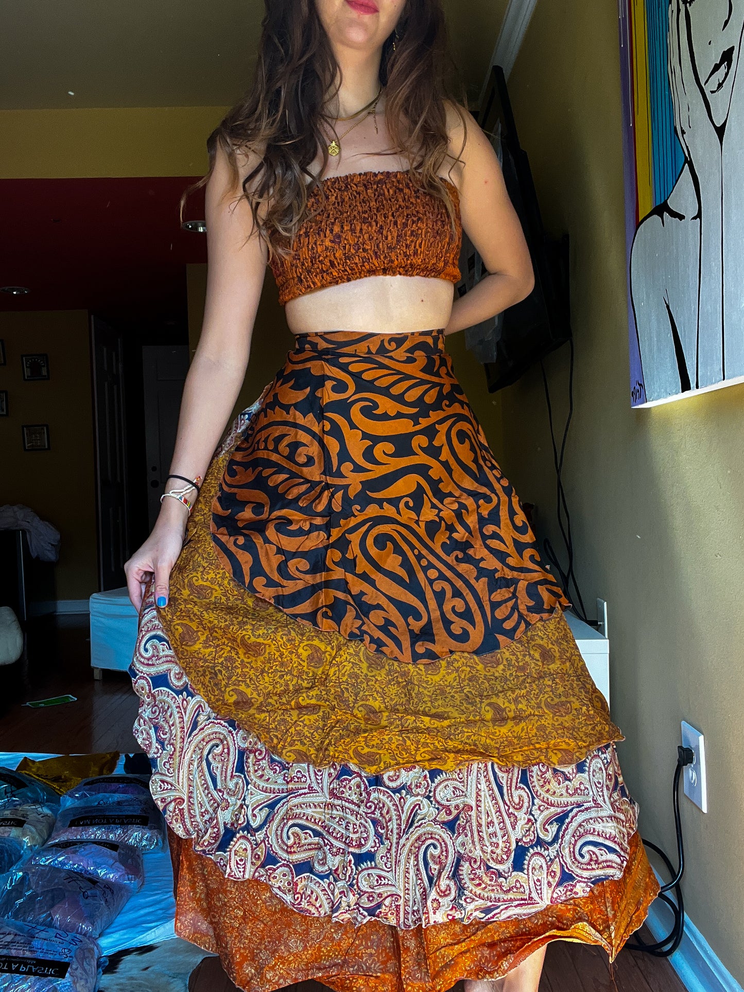 sari wrap skirt #84- orange, brown