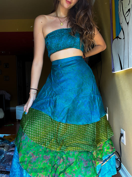 sari wrap skirt #85- green, blue